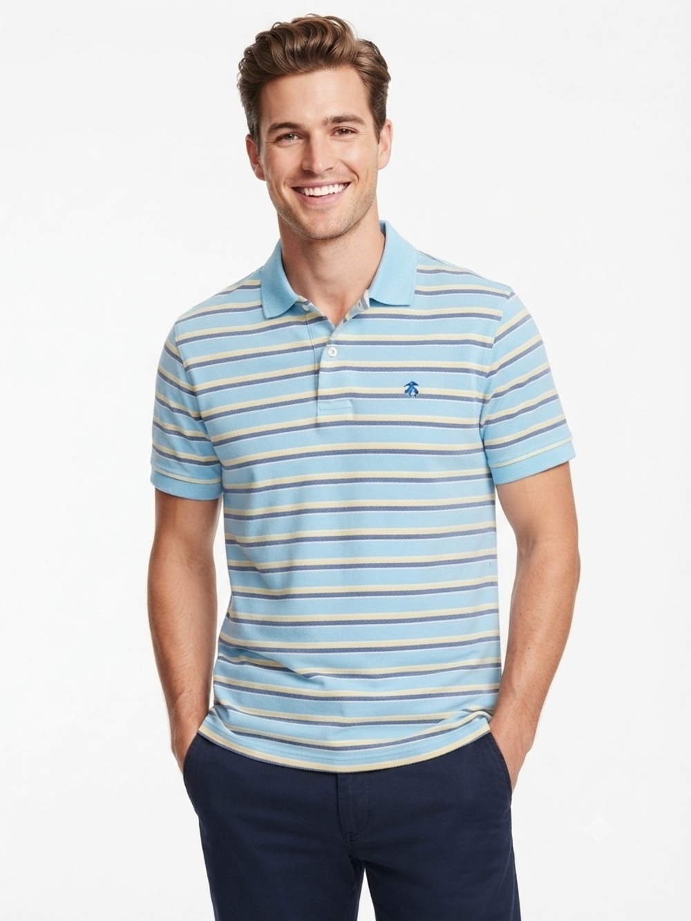 Brooks Brothers 1818 Performance Polo Shirt Men’s Large Blue Yellow Striped Slim